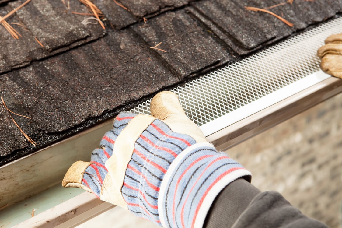 Worker Installing Rain Gutter Guard Leaf Shield